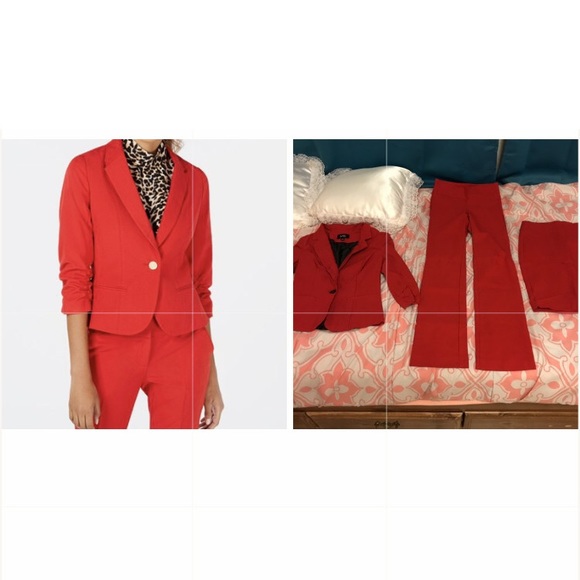 by & by Jackets & Blazers - Red ruched blazer, skirt and pant suit set